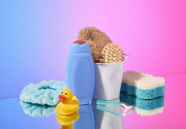 A bathroom corner, with a closed toilet lid, cleaning supplies secured in a high cabinet, and a rubber ducky toy placed near a puppy-safe water bowl.