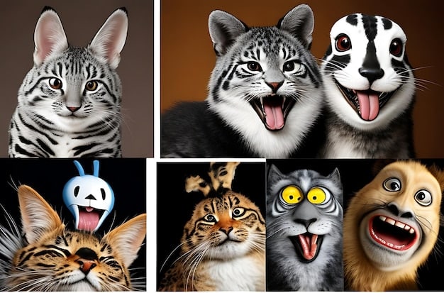 A collage of different cat facial expressions, including a relaxed cat with soft eyes, a playful cat with wide eyes, and a tense cat with narrowed eyes. Each expression is clearly labeled for easy identification.