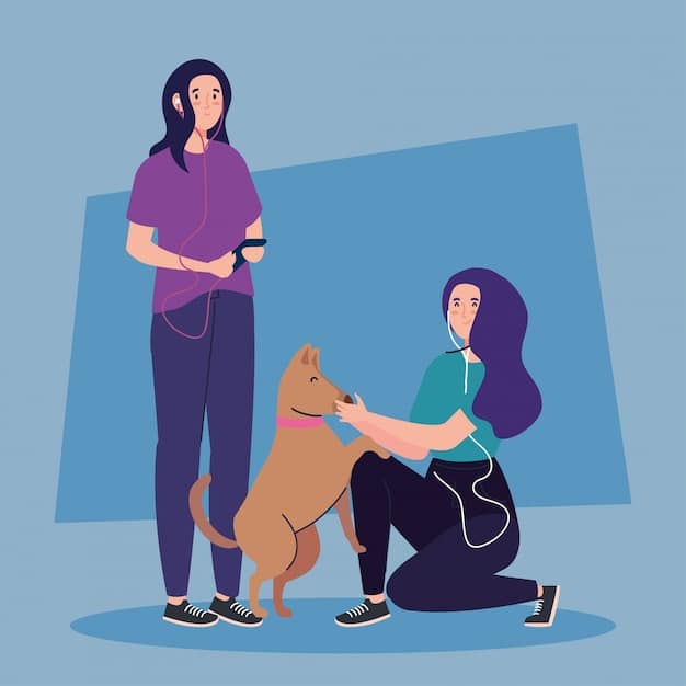 A veterinarian demonstrating how to check a dog's pulse on its inner thigh, with the owner looking on attentively.