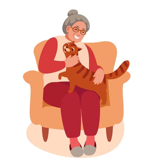 An elderly woman sitting in a comfortable chair, smiling as she strokes a cat sitting on her lap. The scene emphasizes the calming and therapeutic effect of pets on older adults.