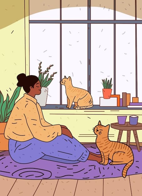 A young woman sitting on her porch with two cats, looking relaxed and content. The scene illustrates the calming presence of pets in everyday life and their contribution to mental well-being.