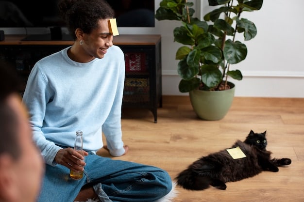 A person using a clicker to train a cat to sit, with the cat looking attentively at the person and anticipating a treat.