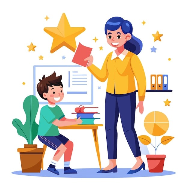A teacher giving a student a gold star on their homework. The classroom is colorful and engaging, with other students working at their desks in the background. The teacher is smiling and giving the student a high-five.