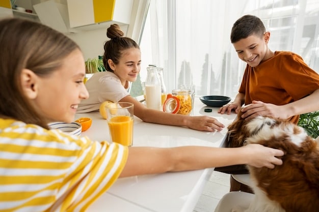 A family praises and rewards their dog with treats as it remains seated without jumping, demonstrating successful training during a home gathering.