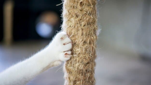 Close-up shot of a cat's paws extended, scratching a sisal rope-covered scratching post. The focus is on the texture of the sisal and the cat's claws.