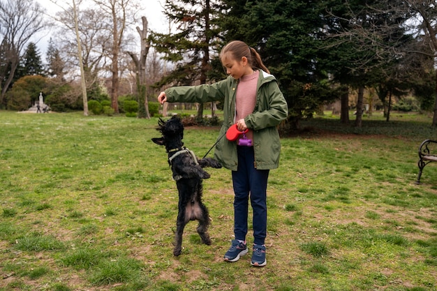 A happy dog is being given a treat by its owner during a training session in a park, with other dogs and people visible in the background.