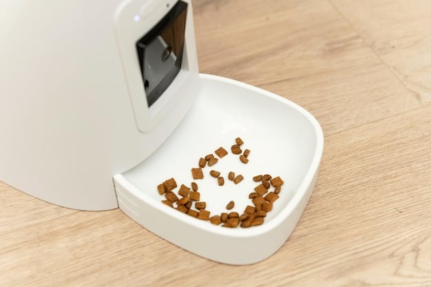 A close-up shot of a smart pet feeder dispensing food into a bowl. The feeder is sleek and modern, with a digital display showing the feeding schedule. In the background, there's a contented cat patiently waiting for its meal. This showcases the convenience and practicality of automated feeding solutions for pet owners.