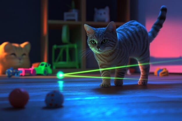 A playful kitten interacting with a laser pointer toy controlled by a smart pet camera. The camera is mounted on a shelf, capturing the kitten's focused attention on the moving laser dot. The scene highlights the interactive features of smart pet cameras, showing how they can provide entertainment and engagement for pets.