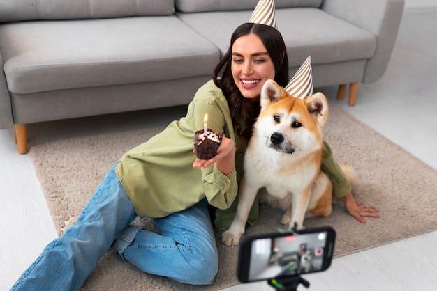 A pet owner using a smartphone app to view a live video feed of their dog playing in the living room, with a clear display of the camera's interface and controls.