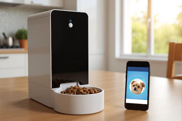 A close-up shot of the PetSafe Smart Feed Automatic Pet Feeder's control panel, showcasing its user-friendly interface and programmable settings. Include a partial view of the food hopper and dispensing mechanism.