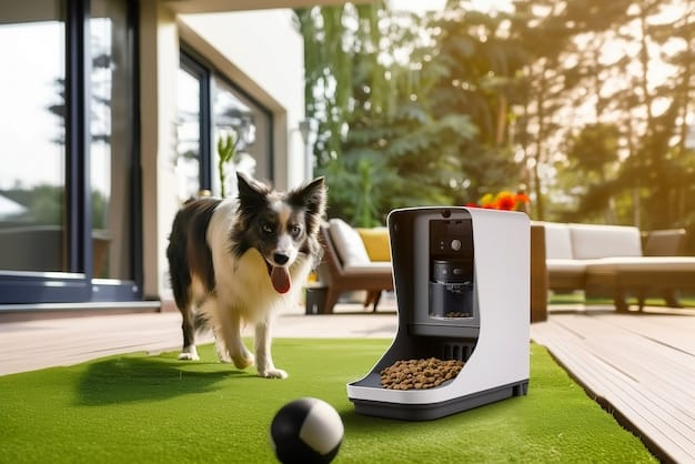 A dog standing in front of the Arf Pets Automatic Food Dispenser, with food dispensing into the bowl. The setting is a cozy living room, highlighting the feeder's compact design and pet-friendliness.
