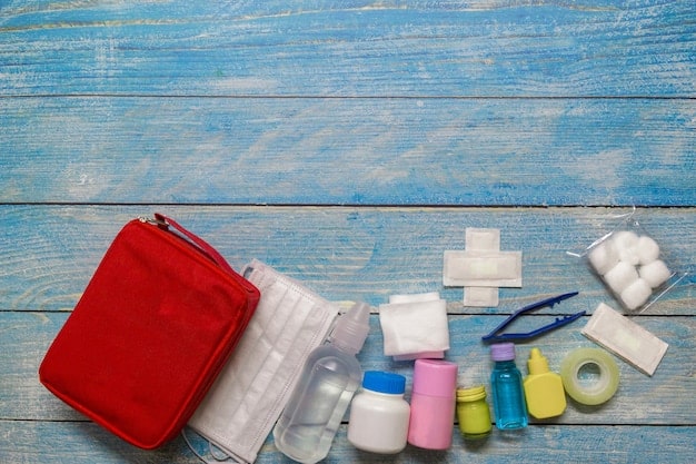 A neatly organized pet first aid kit displayed on a table, featuring items like bandages, antiseptic wipes, a thermometer, tweezers, and a pet carrier nearby. The setting is a clean, well-lit room, conveying preparedness and care.