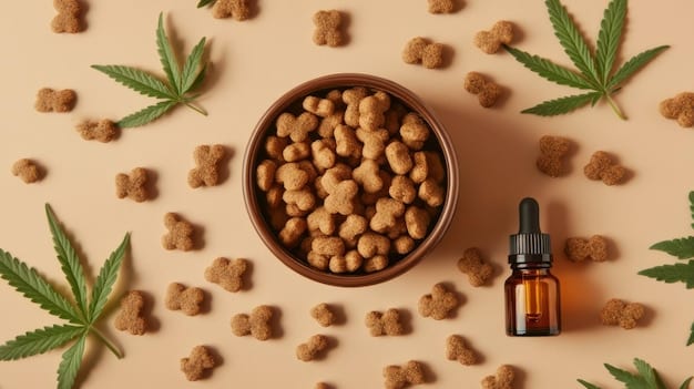 A close-up of various CBD products for pets, including oils, treats, and capsules, arranged neatly on a table. The focus is on the product labels and packaging, highlighting the different options available.
