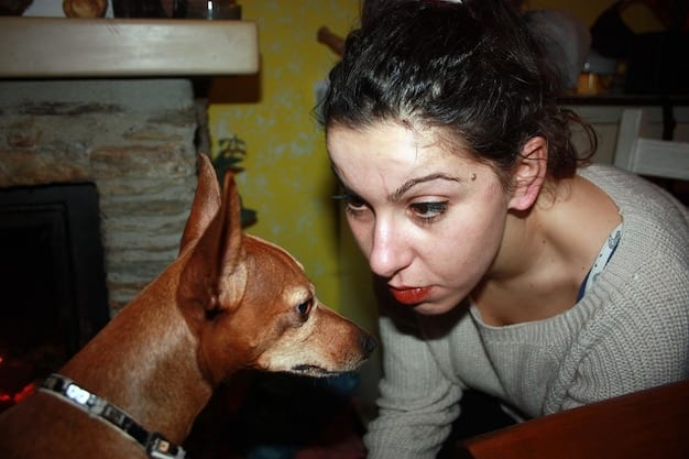 A pet owner looking concernedly at their dog, who is exhibiting symptoms of a worm infestation.