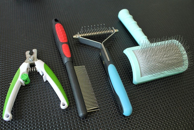A variety of grooming tools, including a slicker brush, a metal comb with wide and fine-toothed sides, and a de-matting tool, laid out on a grooming table next to a long-haired cat. The cat is looking at the tools with curiosity.