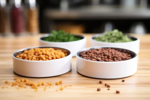 A close-up shot of different types of pet food in bowls, including kibble, raw food, and hypoallergenic options. The background is blurred, focusing on the variety of choices available.