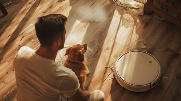 A person vacuuming a plush rug with a HEPA filter vacuum cleaner, with sunlight streaming in through a window. The room is tidy and minimalist, with pet toys neatly arranged in a basket.