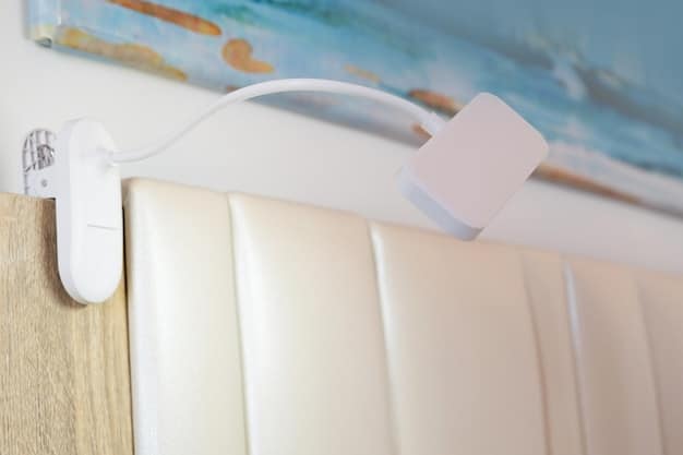 A close-up shot of a power strip with cord protectors attached. The cords are neatly organized and secured to the wall.