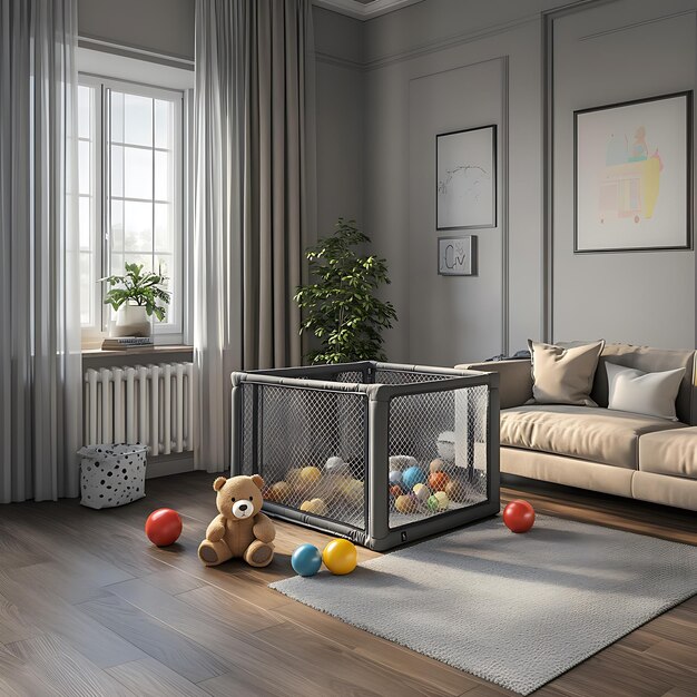 A well-organized puppy playpen in a corner of a living room. The playpen is made of sturdy metal and contains soft bedding, chew toys, and a water bowl. The floor around the playpen is covered with a waterproof mat, and the surrounding furniture is protected with covers.