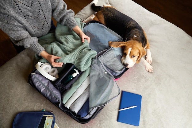 A neatly packed pet travel bag with essentials like food bowls, toys, leash, waste bags, and a foldable water bottle. The bag is organized and ready for a trip.