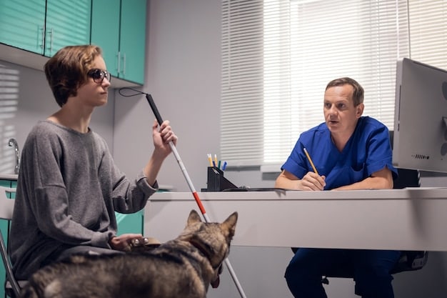 A veterinarian in a consultation room explaining a vaccination schedule to a pet owner. The vet is pointing to a chart, while the owner is listening attentively. A happy, healthy dog sits calmly between them.