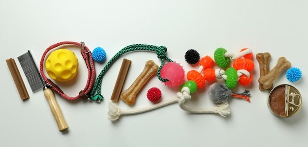 A close-up shot of various dog chew toys: a durable rubber bone, a rope toy, and a puzzle toy filled with treats. The focus is on the texture and variety of the toys.