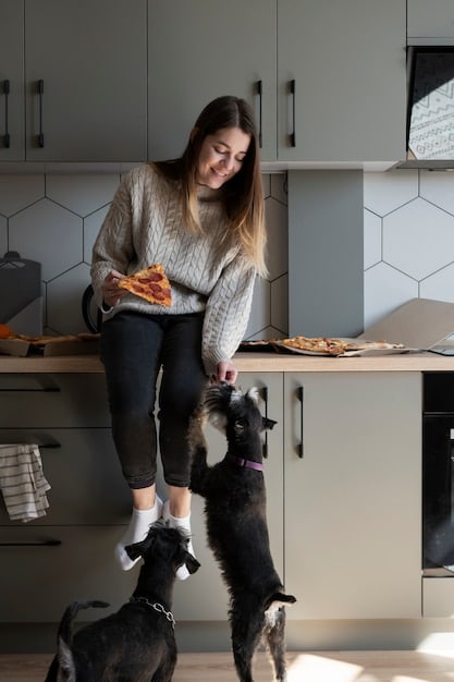 A dog sitting patiently next to the kitchen counter with the owner praising.