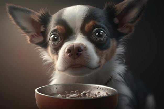 A close-up shot of a dog's face, showing its teeth while growling over a nearly empty food bowl. The lighting is dim, emphasizing the intensity of the dog's expression.