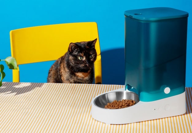 A frustrated cat sitting in front of a smart pet feeder that has malfunctioned, with no food dispensed in the bowl. The cat is looking at the feeder with a puzzled expression.