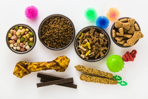 A close-up shot of different types of dental chews for dogs, showcasing their various shapes, textures, and ingredients on a clean white background.
