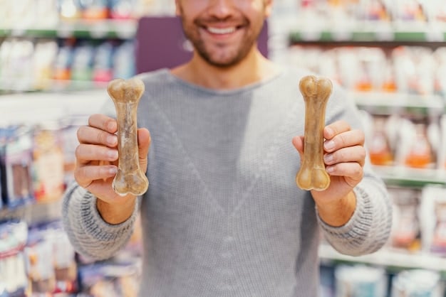 A dog owner carefully selecting dental chews from a pet store shelf, focusing on comparing labels and ingredients, with a variety of brands visible.