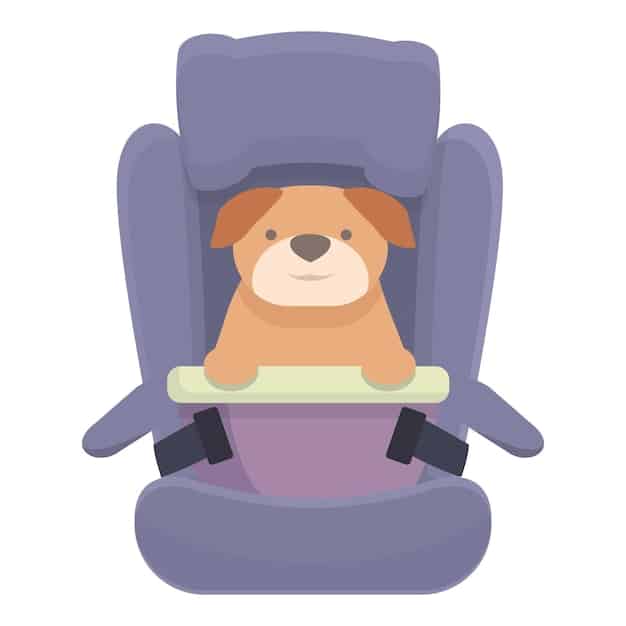 A small dog comfortably seated in a booster seat designed for pets, with a safety tether attached to its harness. The interior of the car is clean and well-maintained.