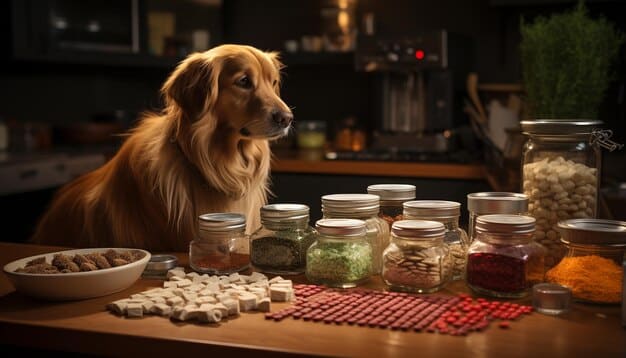 A veterinarian examining a dog, with a selection of pet supplements on the table in the background.