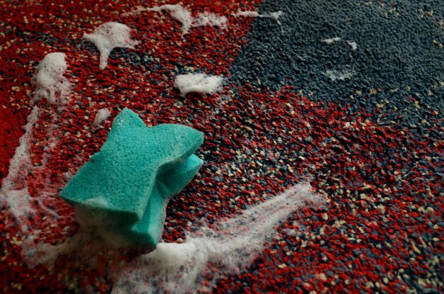 A close-up shot of an enzymatic cleaner being sprayed onto a stained carpet. The stain is dark and circular, contrasting with the lighter carpet fibers.
