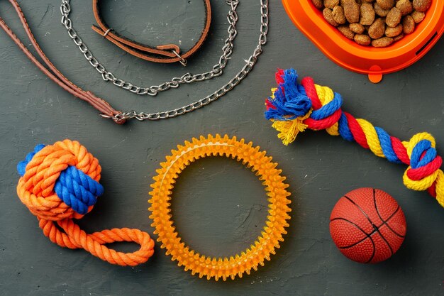 A close-up shot of a variety of dog toys made from different materials, including rubber, nylon, and rope. The shot focuses on the textures and construction of each toy.