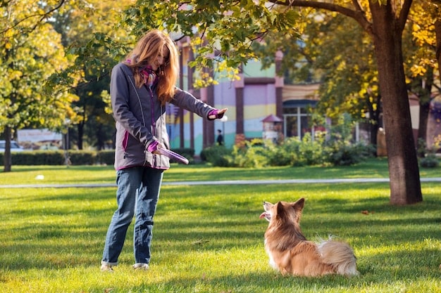 A dog enjoying a brisk walk in a park with its owner, showcasing the benefits of outdoor exercise and bonding between pet and owner.