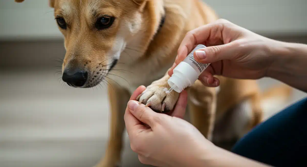 Pet owner applying antiseptic to dog's paw, demonstrating first aid