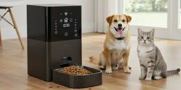 Modern automated pet feeder dispensing food for a dog and cat