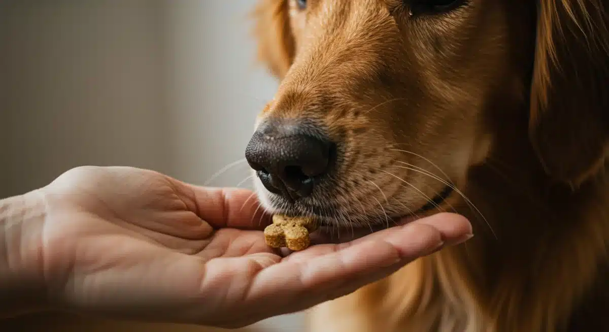 Dog receiving a treat for good behavior, demonstrating reward-based training.