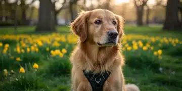 Golden retriever with spring allergies in a park