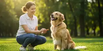 Happy dog and owner practicing positive reinforcement training in a park.
