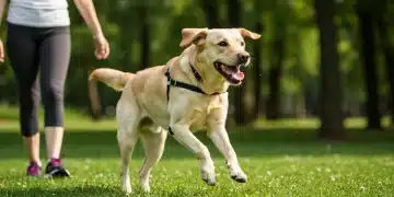 Happy lean dog running in park with owner, embodying a healthy lifestyle.