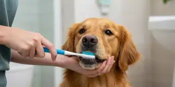 Owner gently brushing a golden retriever's teeth, promoting daily pet oral hygiene.