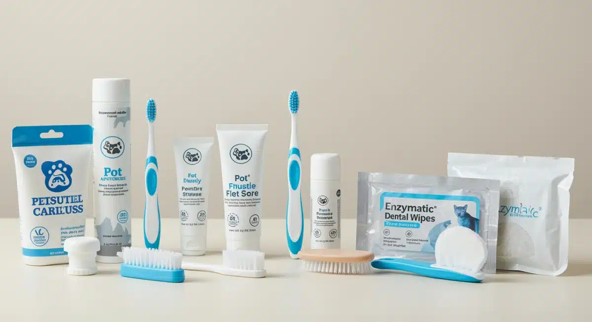 Assortment of pet toothbrushes, enzymatic toothpaste, dental wipes, and finger brushes for effective pet dental hygiene.