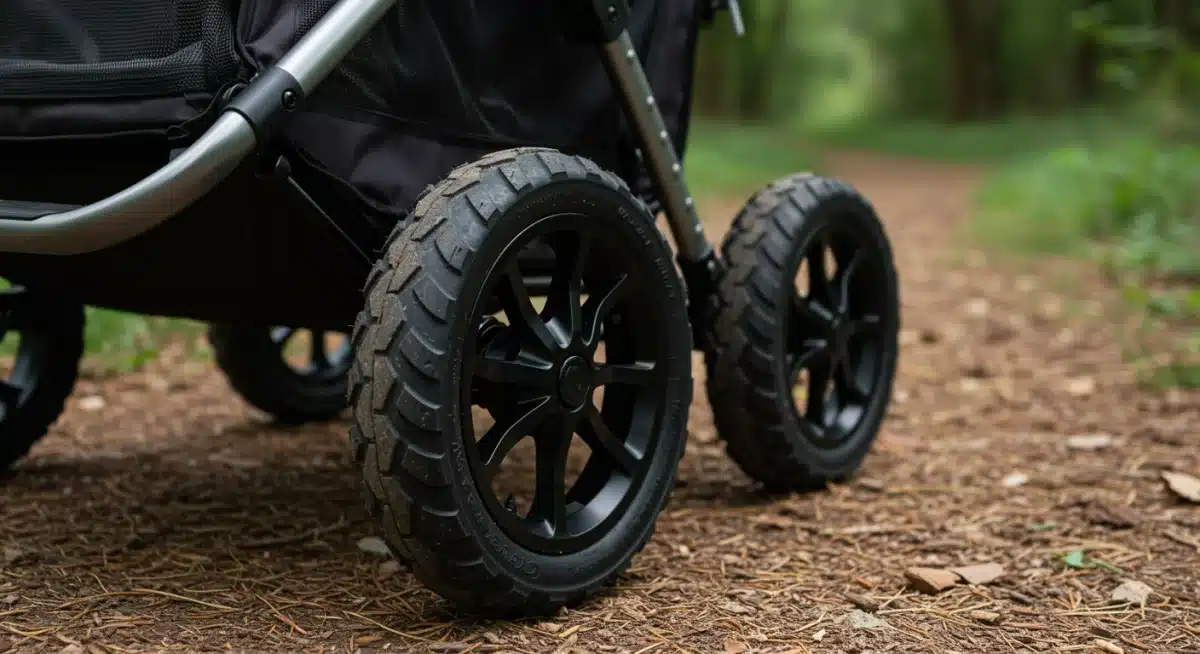 Durable all-terrain wheels and suspension system of a pet stroller.