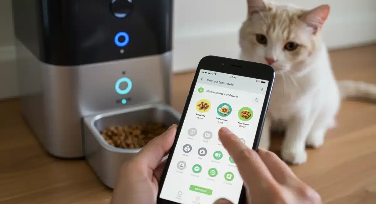 Pet owner scheduling automated feeder with smartphone app