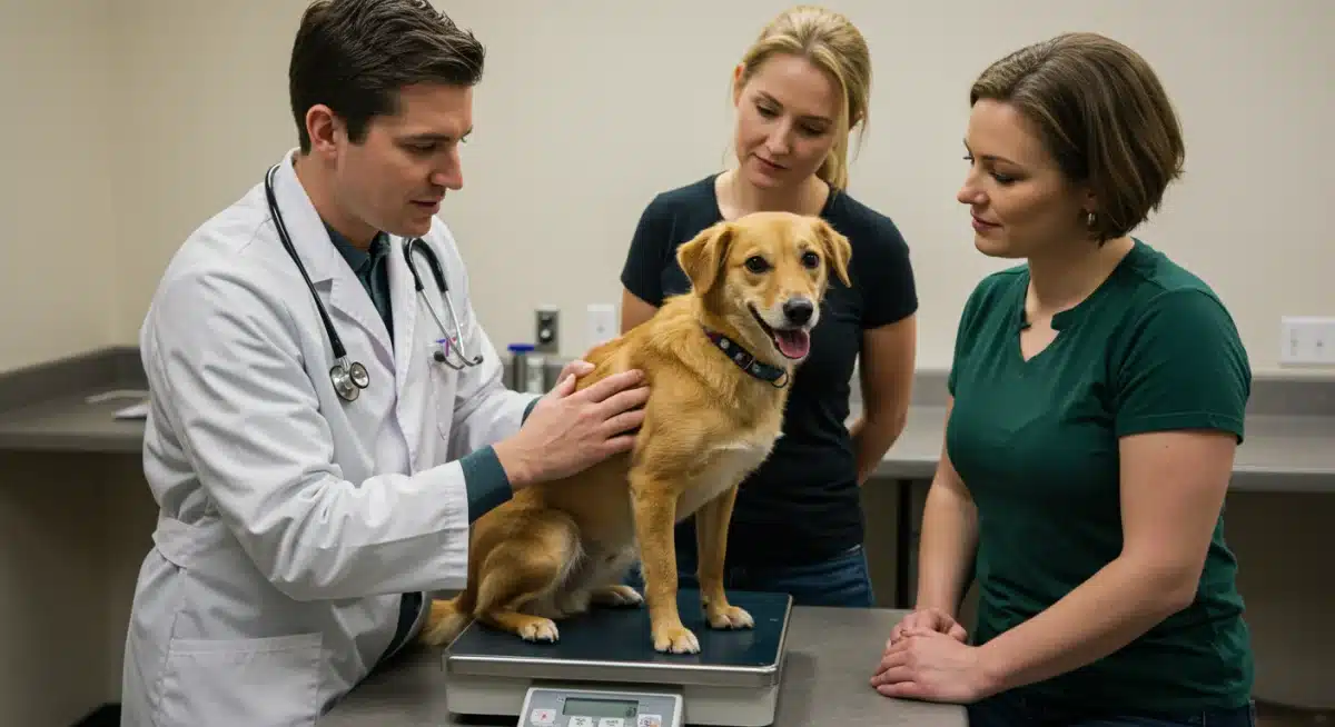 Veterinarian examining a dog on a scale, discussing a weight management plan.