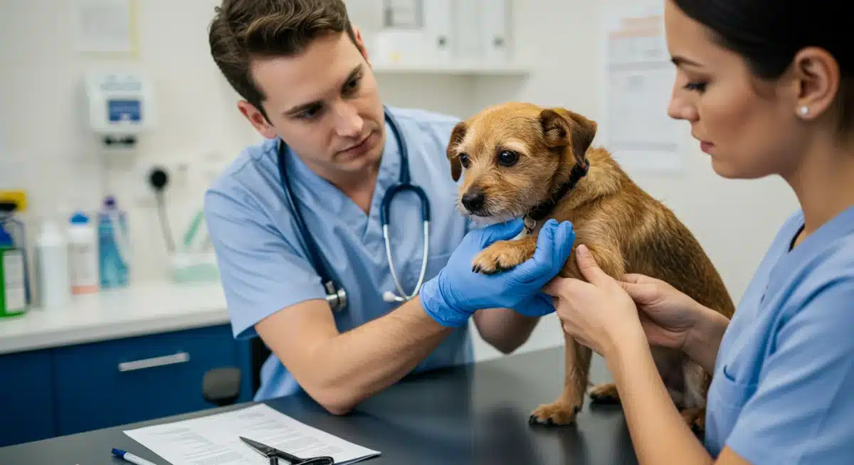Veterinarian examining a dog's irritated paw for allergies