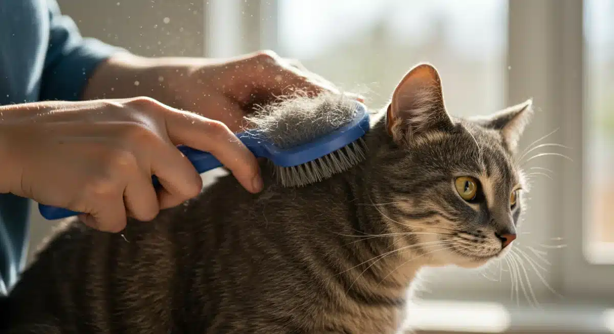 Person gently brushing a short-haired cat to remove allergens
