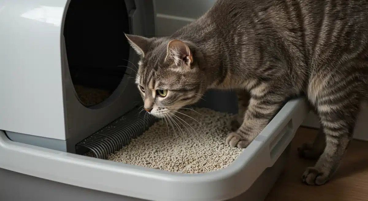 Cat comfortably using automatic litter box